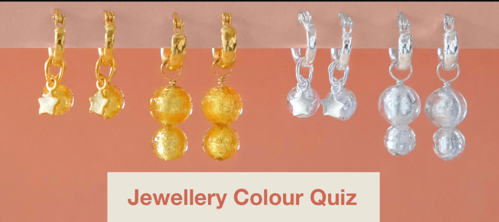 Selection of gold and silver jewellery and a banner saying jewellery colour quiz